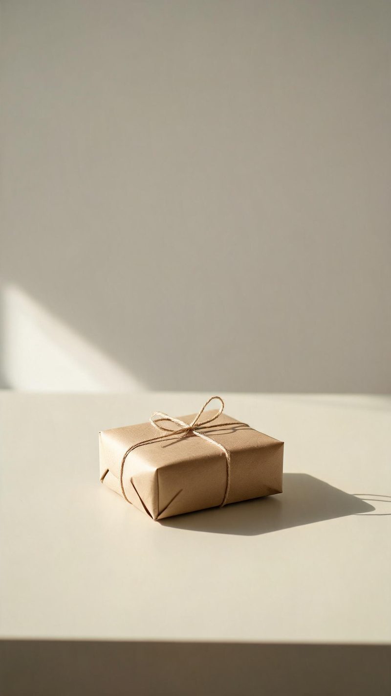 Single wrapped gift in muted kraft paper on a pale table with long soft shadow