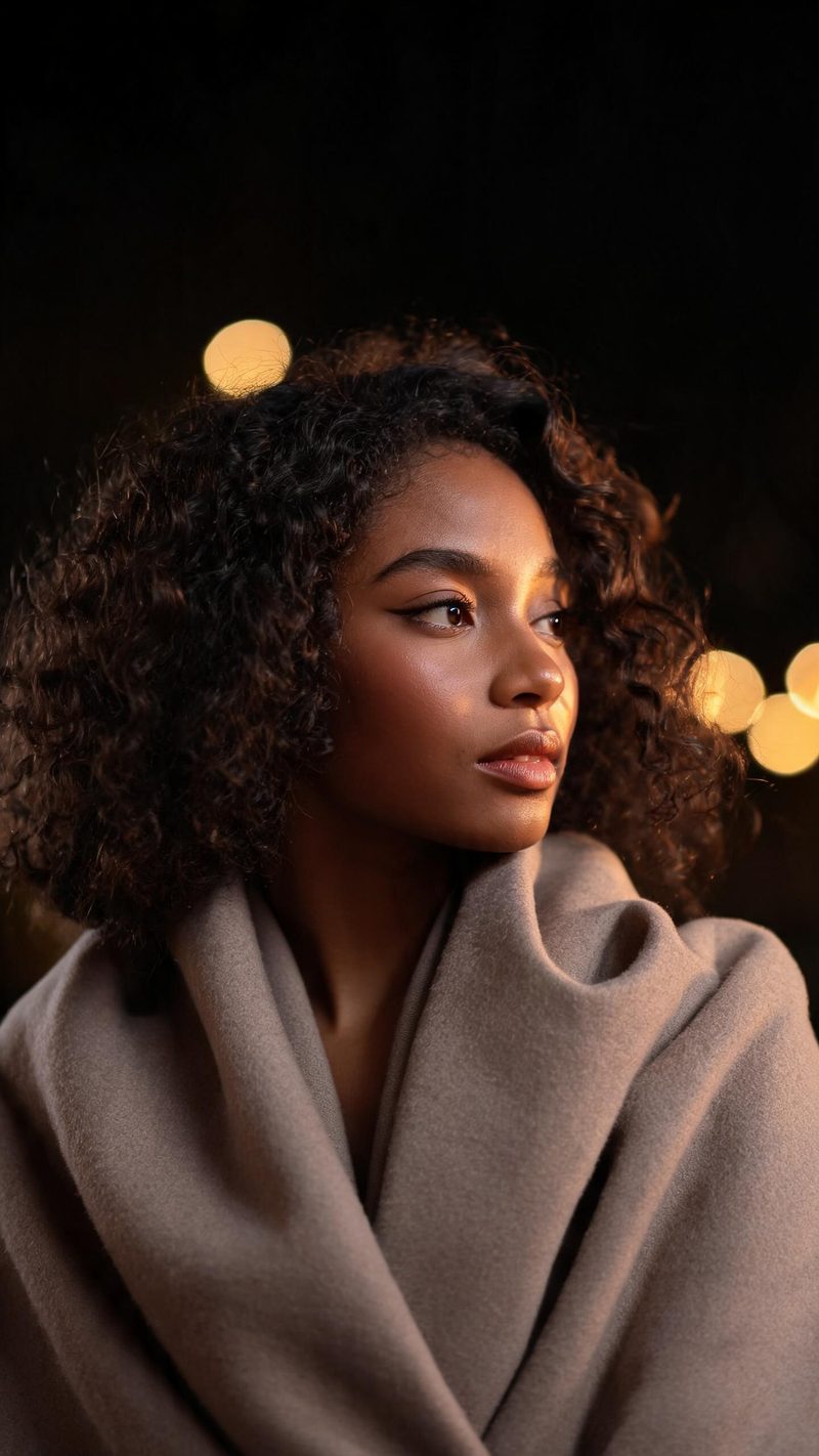 Portrait of a woman in a wool coat with warm golden light on one cheek and bokeh lights behind