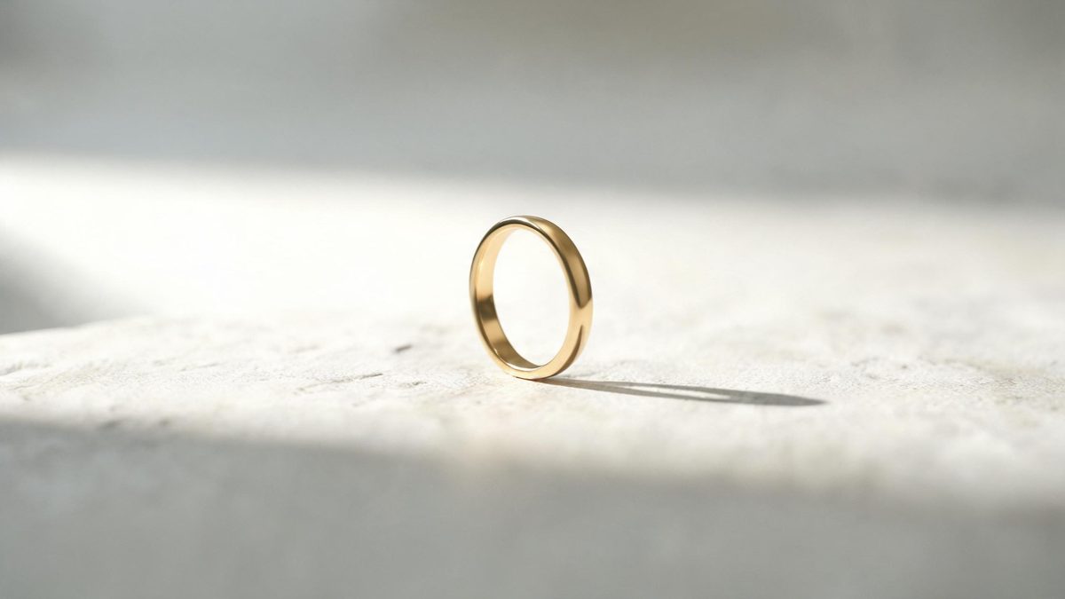 Single gold ring standing on a bare pale stone surface in raking window light