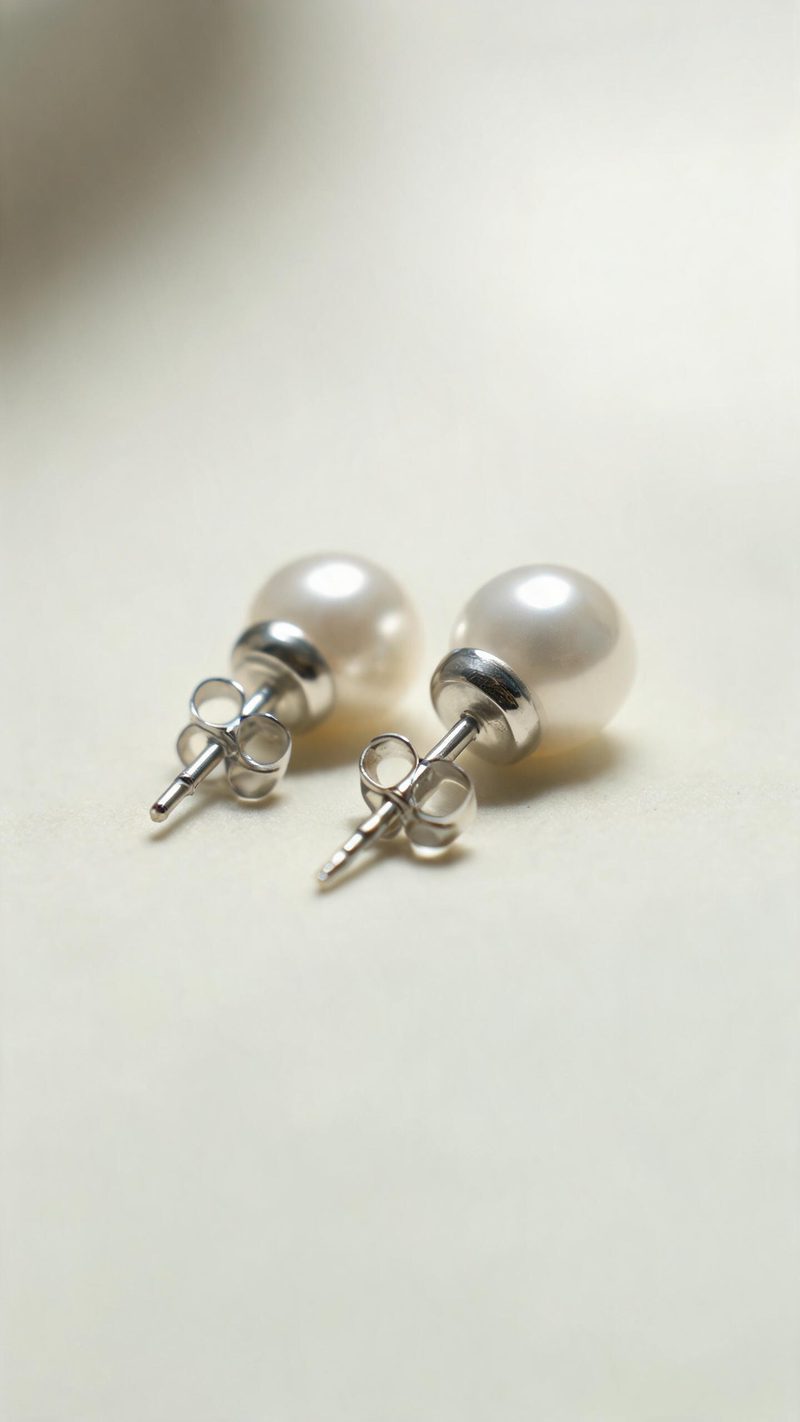 Macro close-up of a pair of pearl earrings on a pale surface with a gentle highlight roll