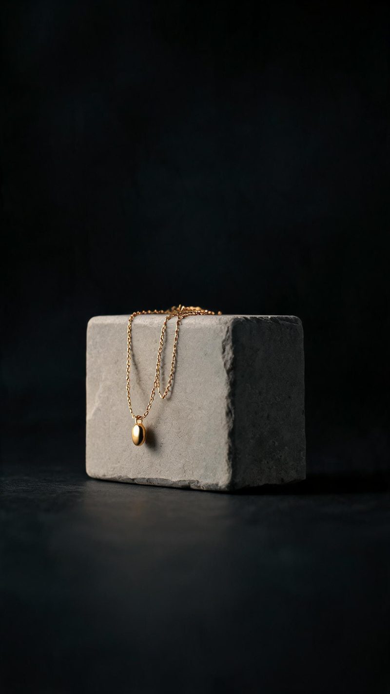 Fine gold necklace draped over a smooth stone block under a single soft light