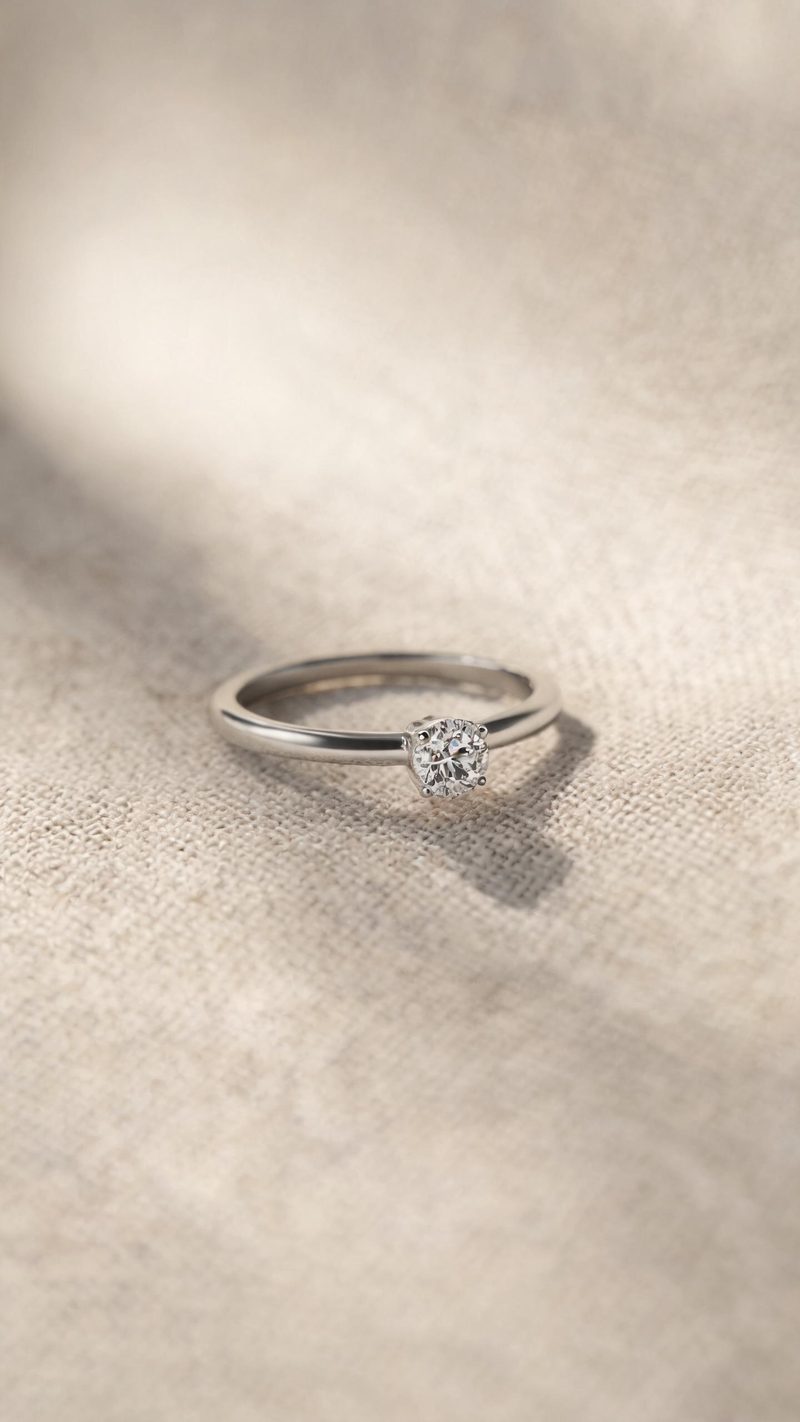 Macro product still of a diamond ring on plain linen with soft directional light