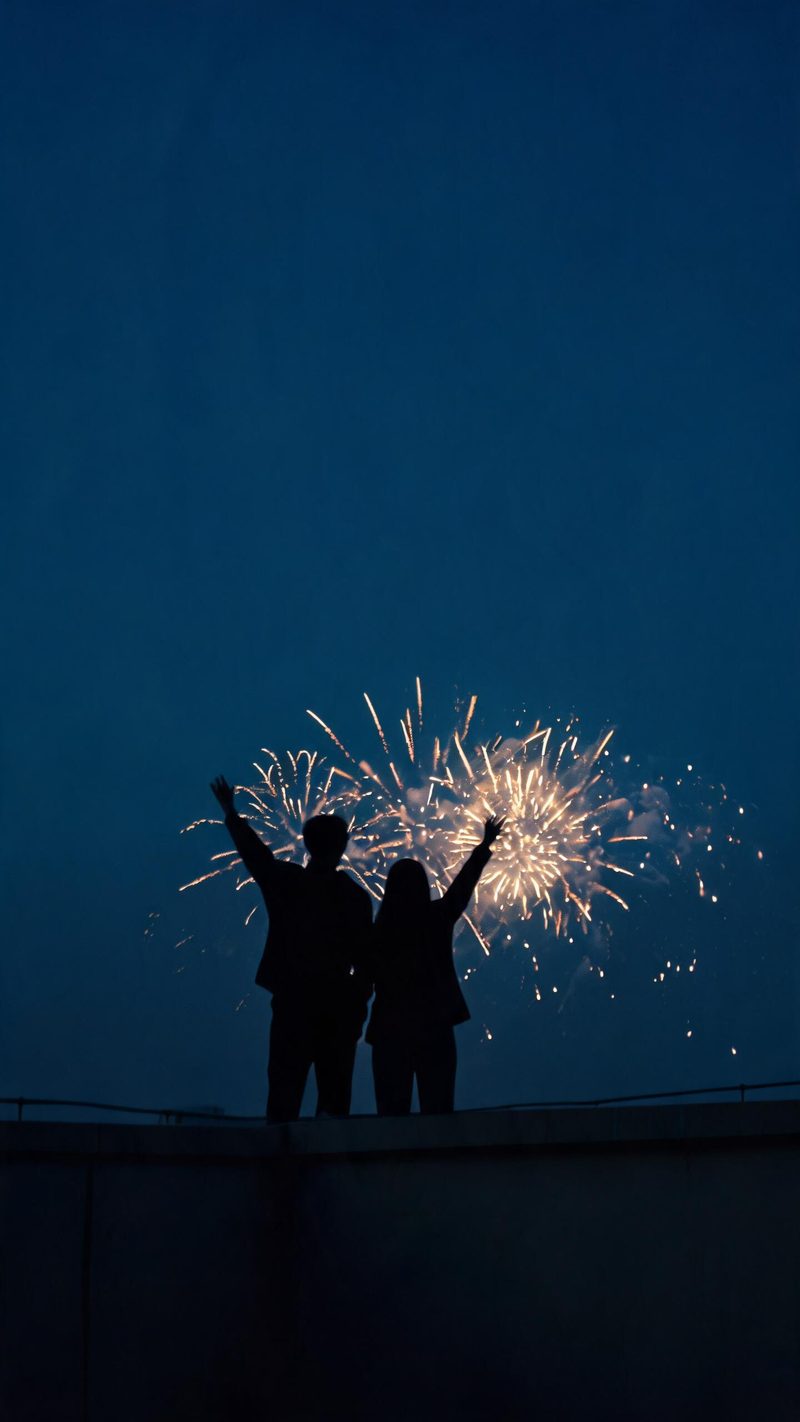 Fireworks over a quiet rooftop with two silhouettes, deep blue night and gold bursts