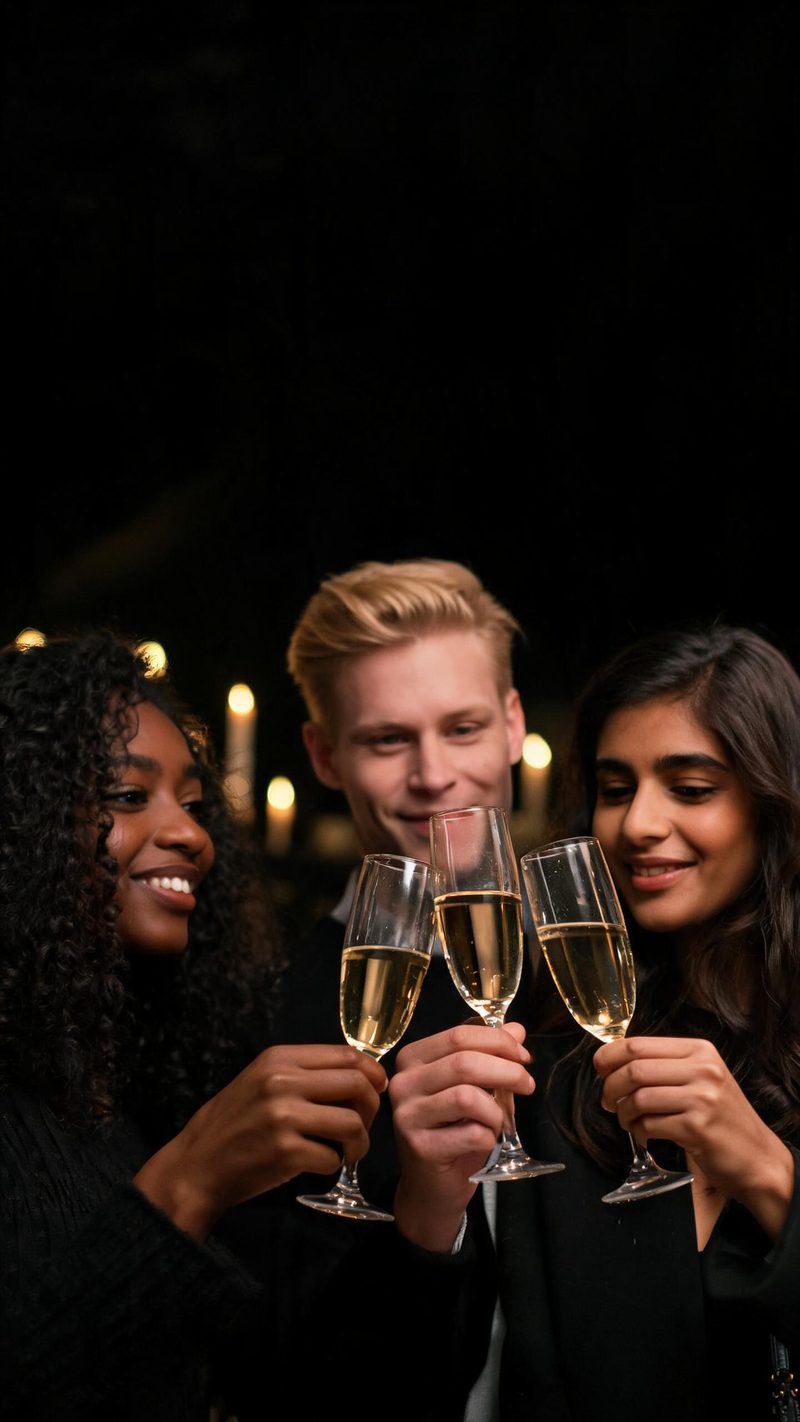 Three friends clinking champagne glasses in warm candlelight