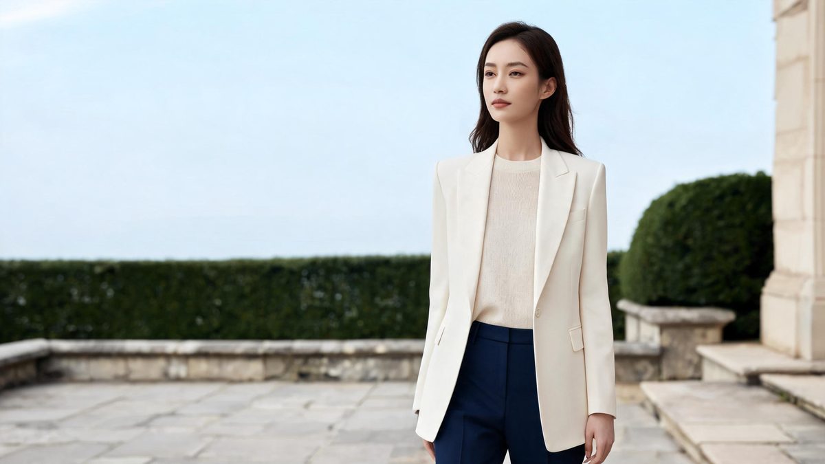A woman in a tailored cream blazer standing on the stone terrace of a classic European villa in soft daylight