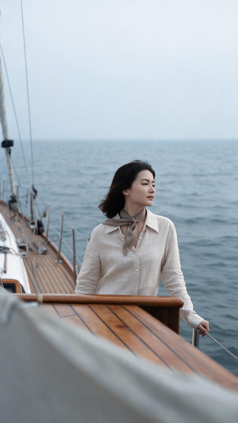 A woman in a linen shirt and silk scarf on the teak deck of a classic sailing yacht in soft sea haze