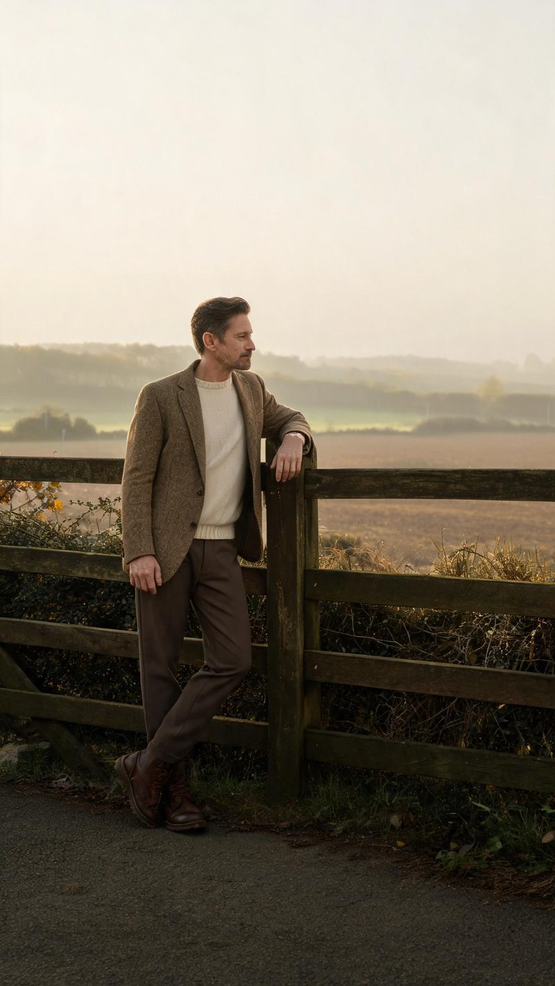 A man in tweed and leather boots leaning on a wooden fence at an English country estate in low autumn light