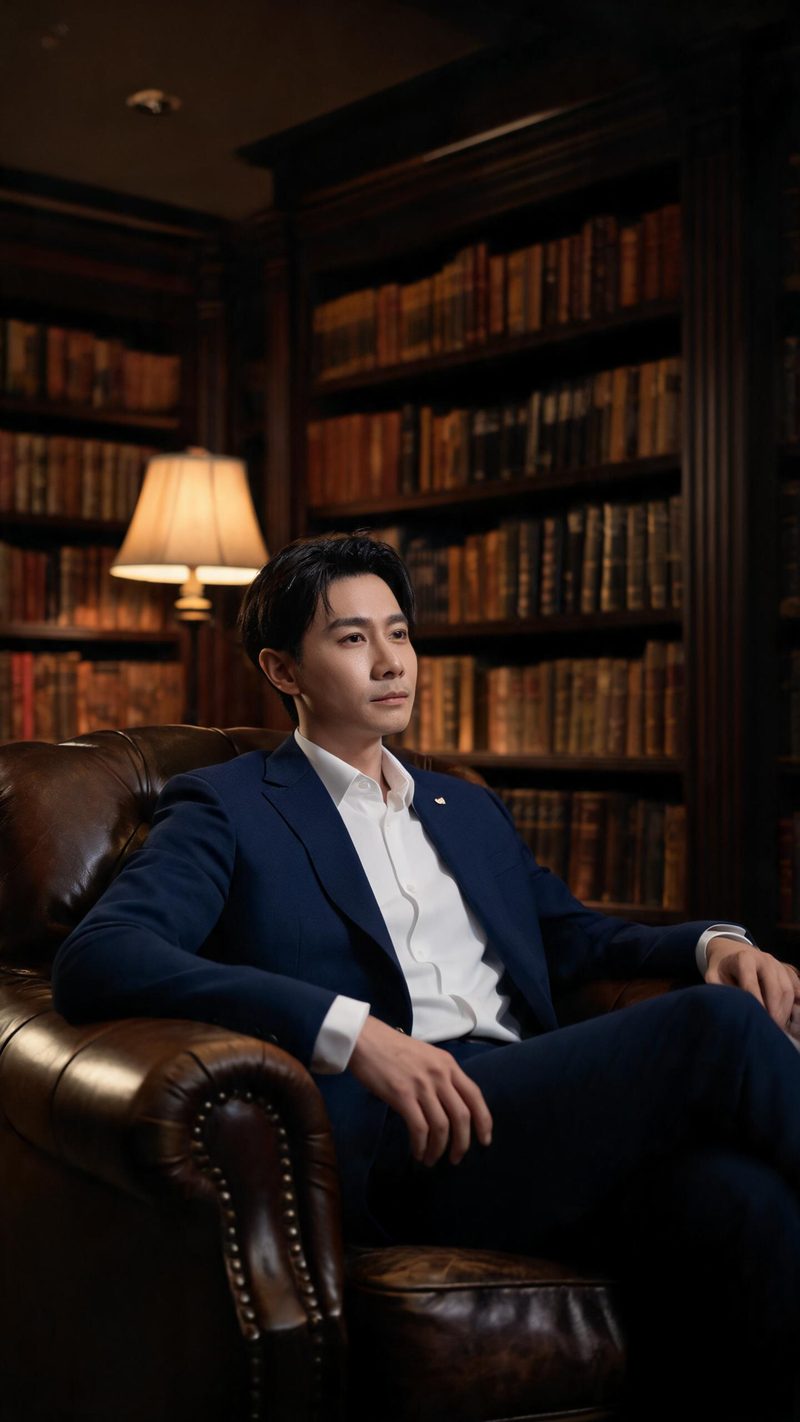A man in a navy blazer seated in a private library with leather armchairs and tall bookshelves
