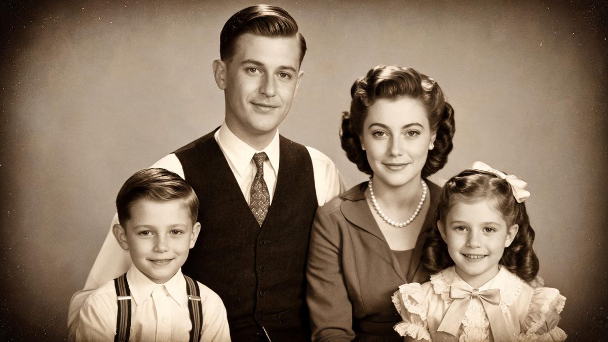 A restored vintage family photograph from the 1950s in warm sepia tones with crisp recovered detail