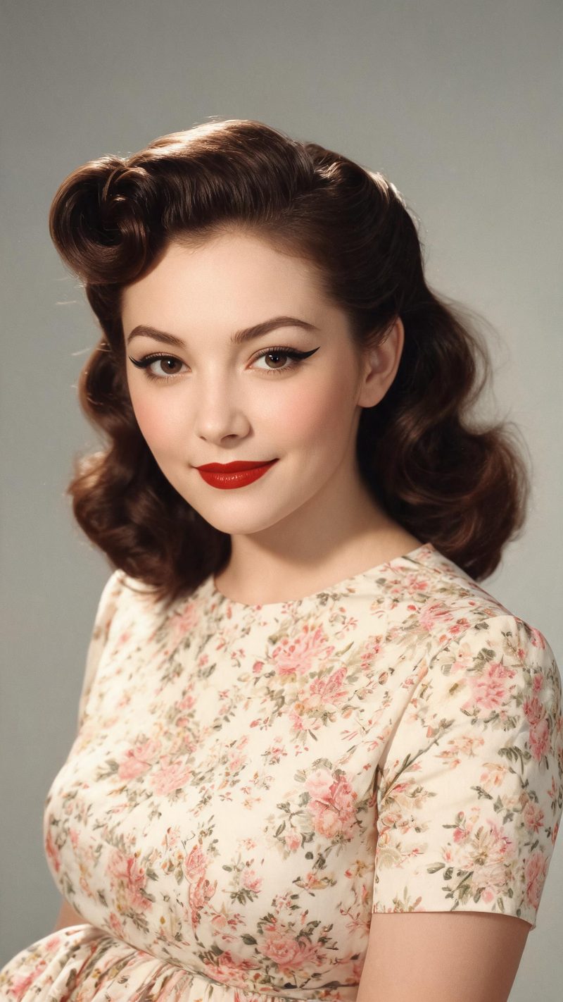A 1950s portrait colourised with period-correct muted tones, a woman with a victory roll hairstyle