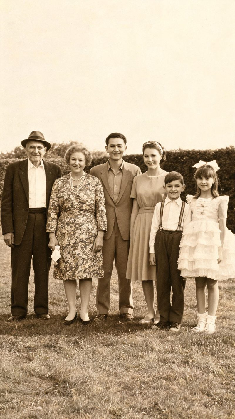 Restored 1960s family group photograph of six relatives in period clothing outdoors, warm sepia tonality