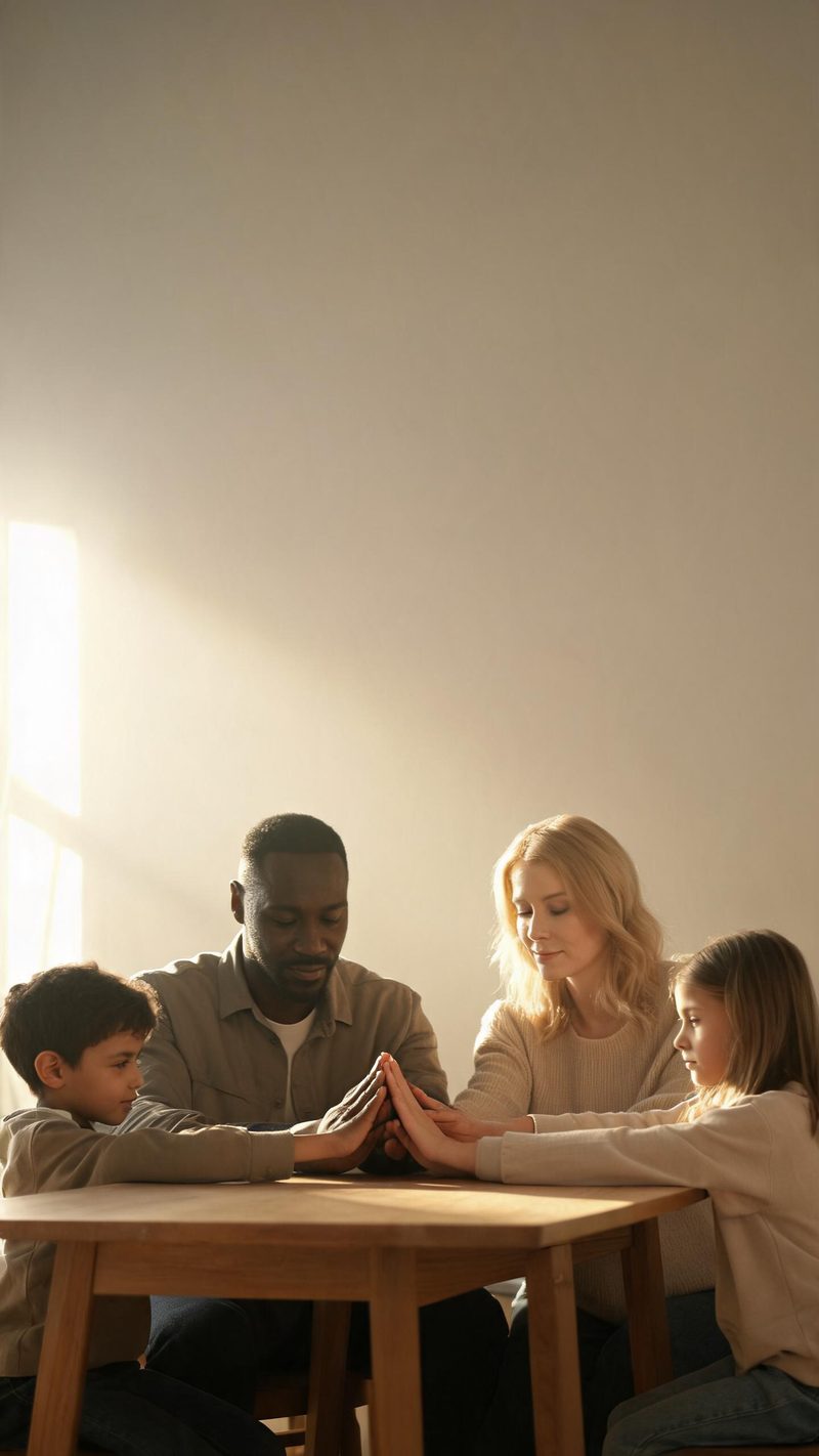 Family of four at a table with hands joined in warm golden window light