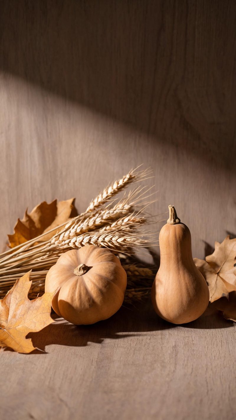 Close-up of autumn harvest produce in muted earth tones with raking side light