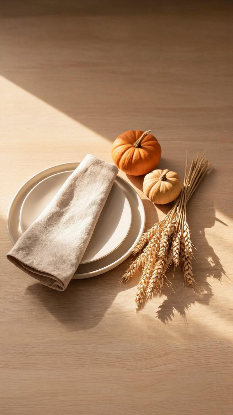 Autumn table setting with linen napkin, ceramic plate, pumpkins and dried wheat in warm directional light