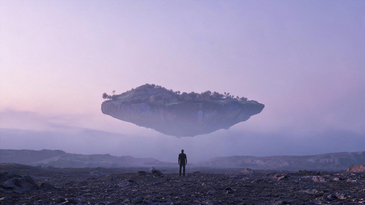 Lone figure standing before an impossible floating landmass in volumetric dusk haze