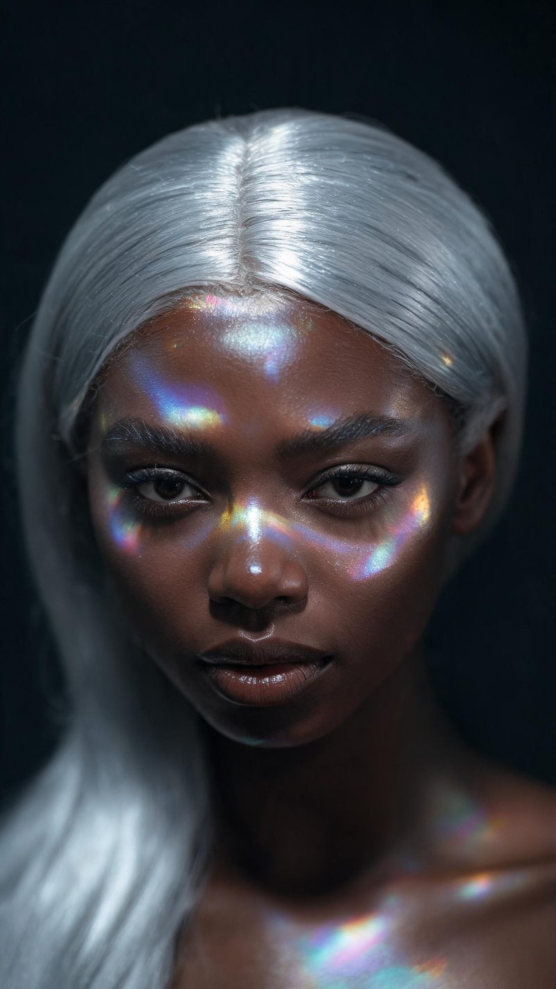 Portrait of a woman with silver-painted hair and iridescent light refracting across her face