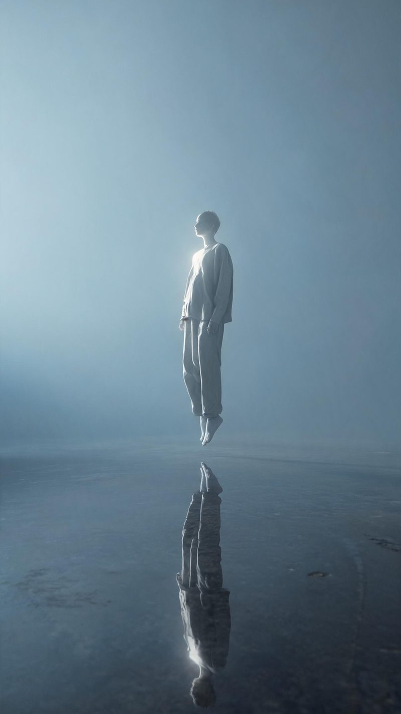 Figure suspended in mid air above a still reflective plane with soft rim light
