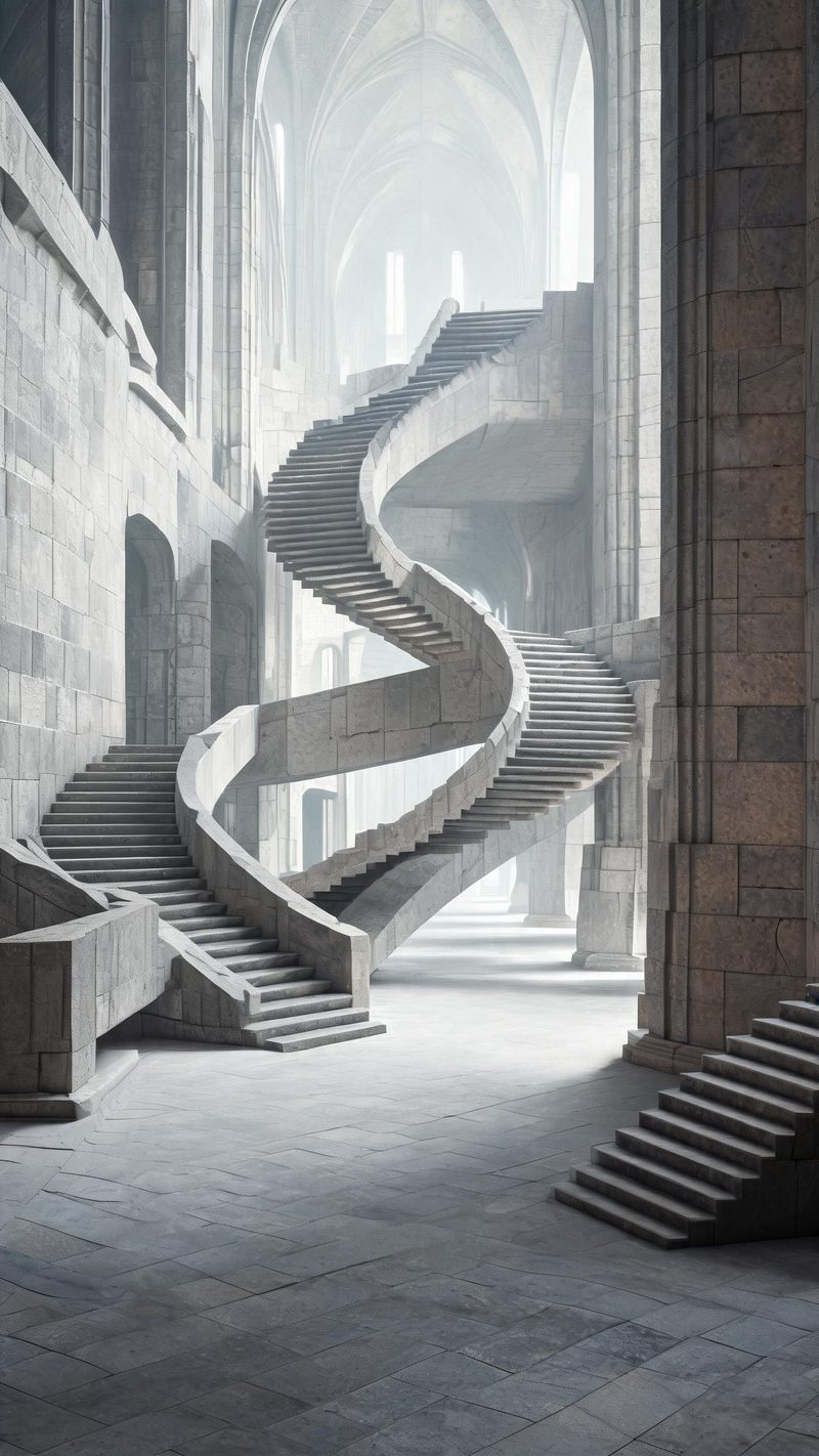 Vast empty architectural space with impossible staircases in cool diffused light