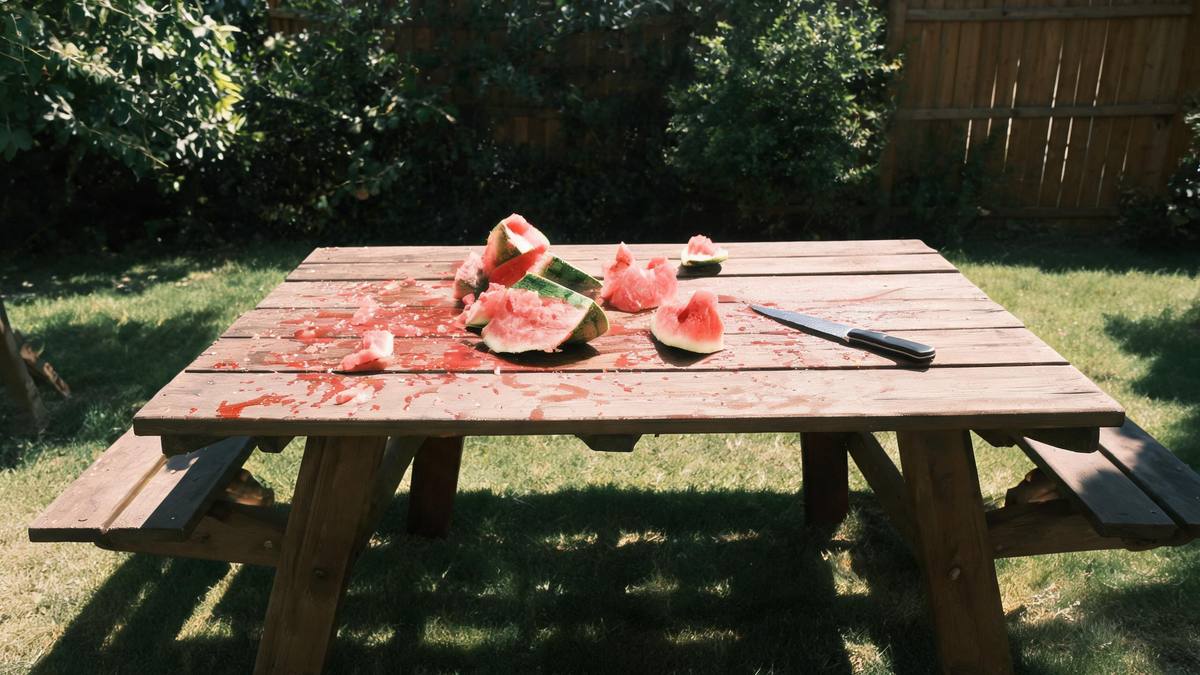 A sunny backyard picnic table scattered with watermelon rind and pink splatter in sharp daylight