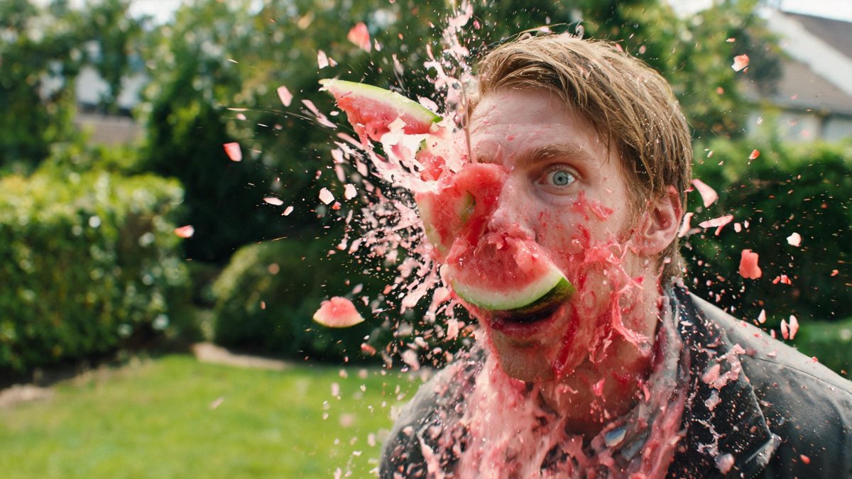 A man in a sunny backyard taking a flying watermelon to the face with pink juice and rind splinters bursting outward
