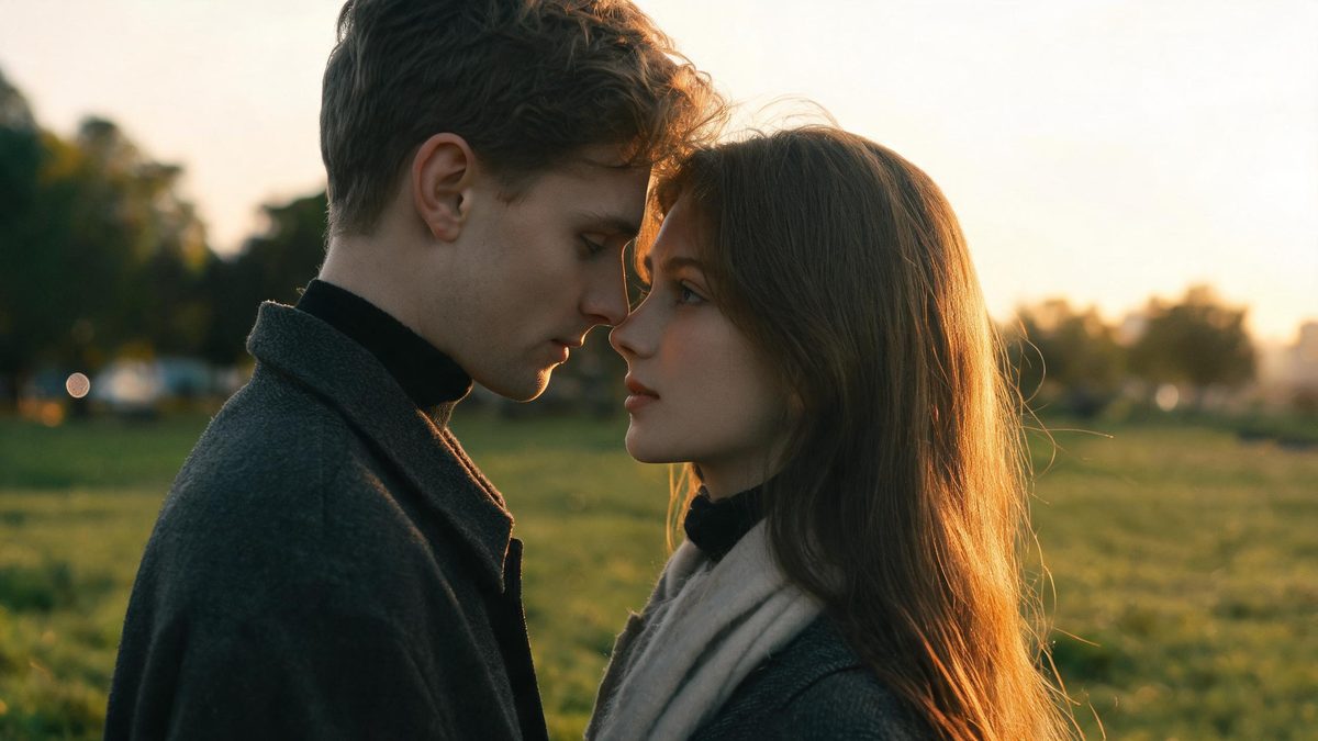 A couple facing each other at golden hour, the warm low sun behind them, soft grass blurred.