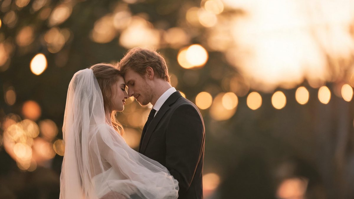 A couple with European features in formal wedding attire in a vertical frame, soft bokeh lights behind them