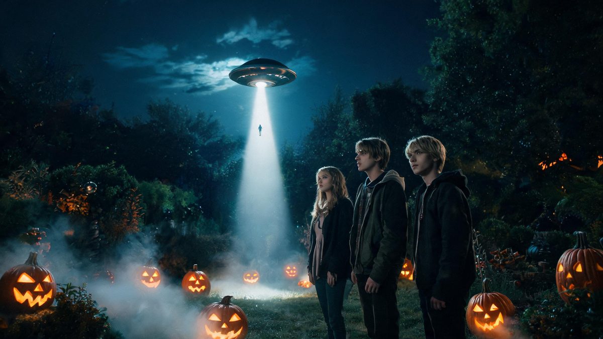 A small craft hovering above a garden at night with a bright beam of light reaching down and a figure silhouetted inside it
