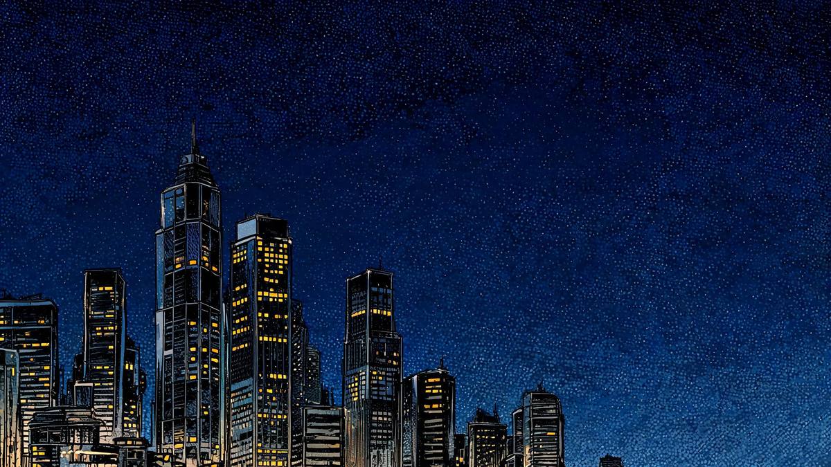 A comic panel of a city skyline at night with bold ink outlines and halftone dots