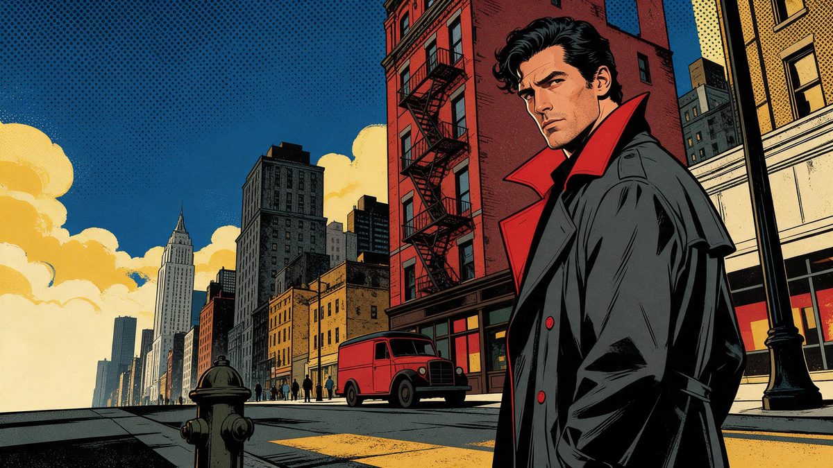 A comic-book illustration of a man on a city street with bold ink outlines and halftone dots in the sky