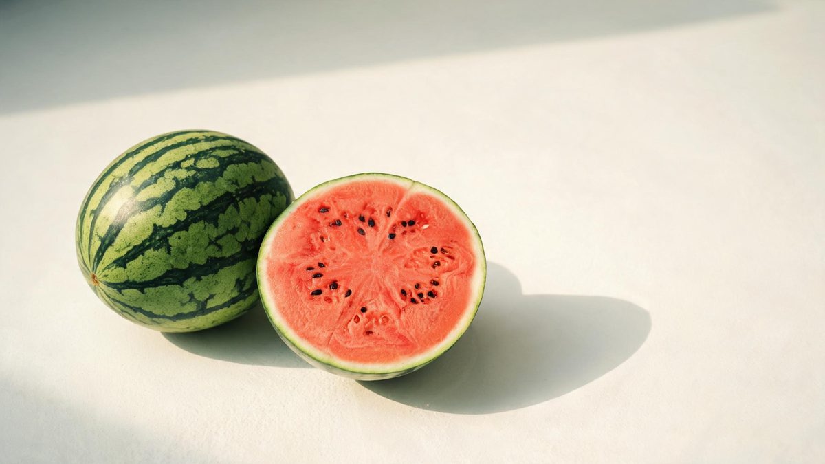 A whole watermelon and a halved one on a pale board, bright red flesh and dark seeds catching the light, split open at the moment of the cut