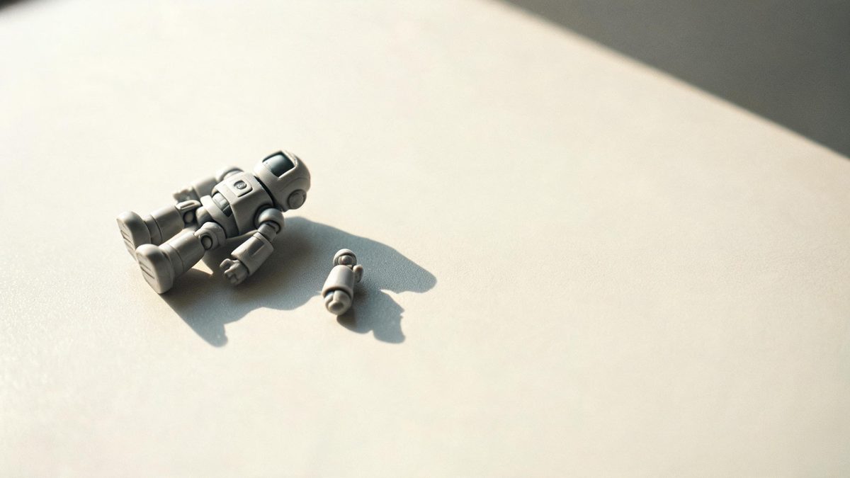 A small plastic robot toy and a disassembled version of it laid out in pieces on a clean surface, split open at the moment of the cut