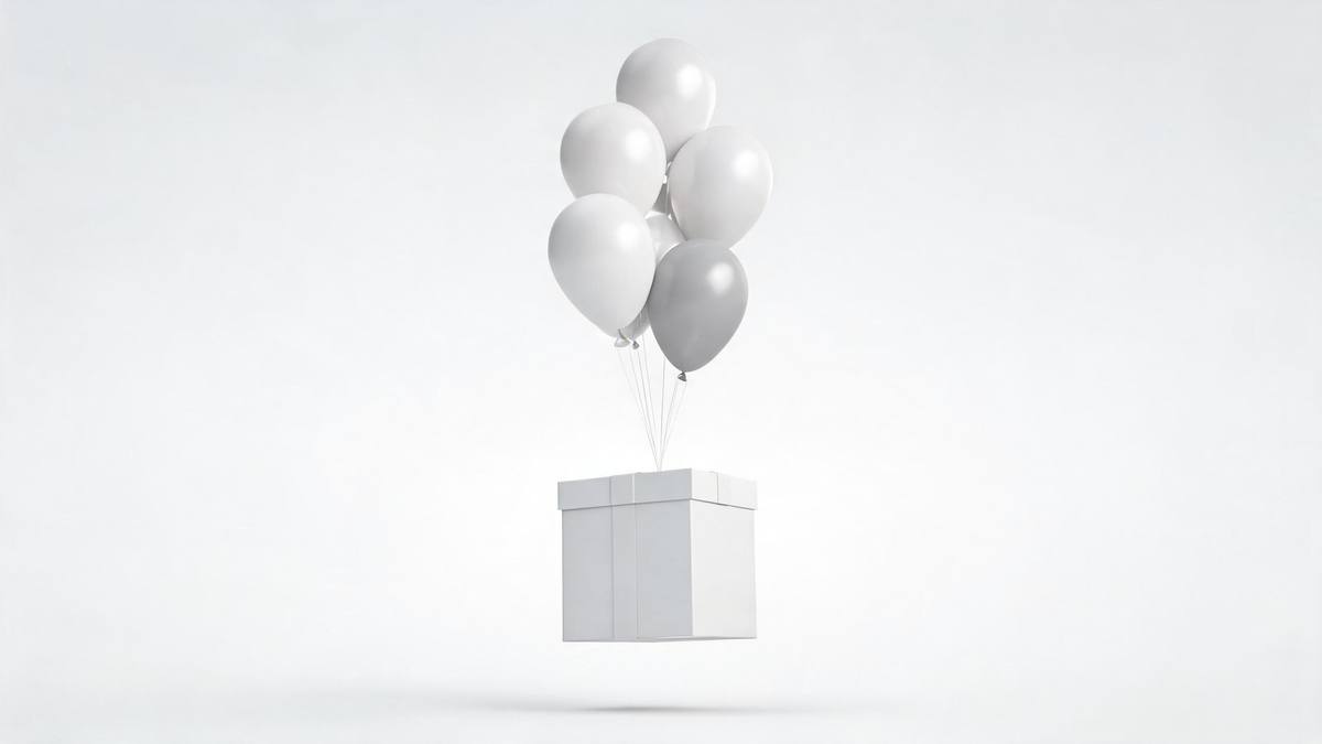 A plain gift box suspended by a bunch of balloons against a plain light background