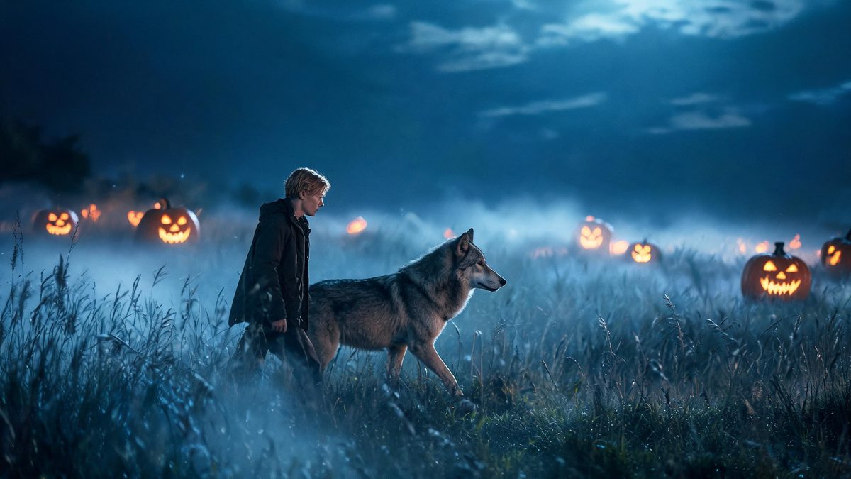 A man walking across an open moor beside a large wolf, both in profile in low sun and long grass