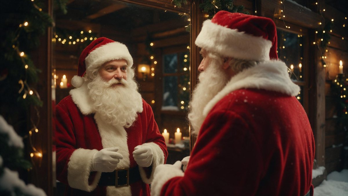 A man at a mirror watching a red Santa coat and white beard appear on his reflection in a warm wooden room