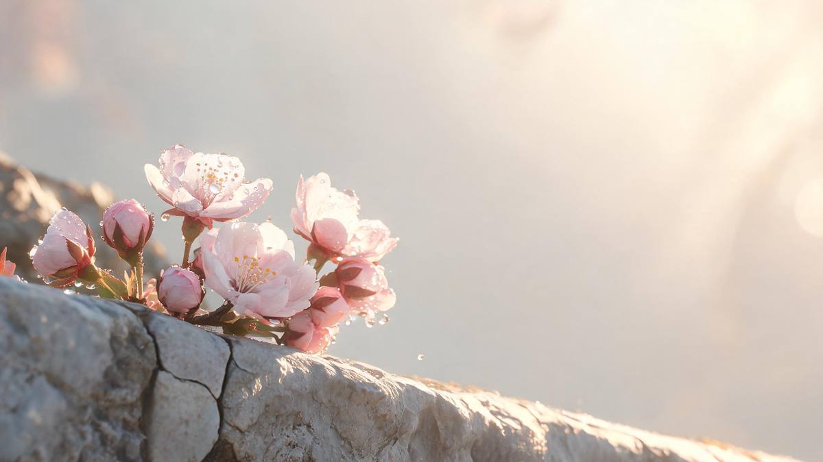A macro view of blossoms opening along a weathered stone edge with dew on the petals