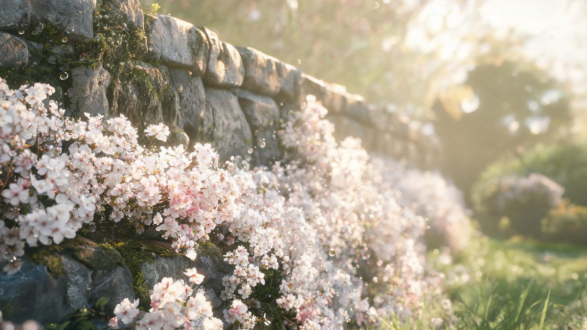 An old stone garden wall covered in dense clusters of white and pink blossoms in morning light