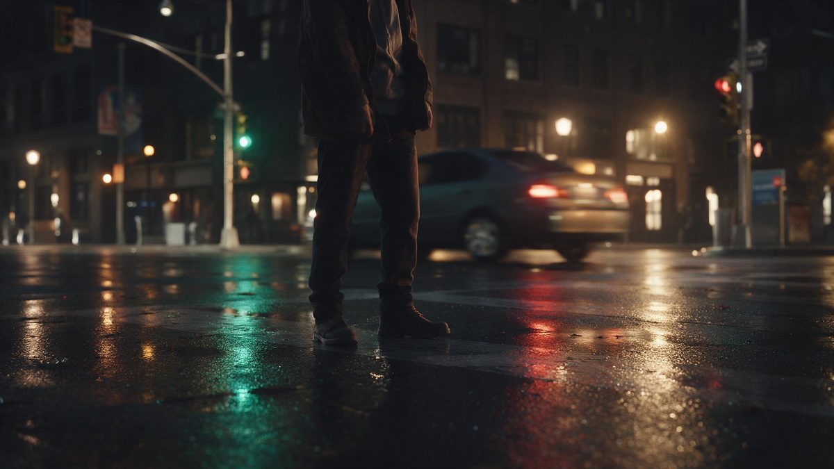 A city intersection at night seen from a low angle, wet asphalt reflecting traffic lights, a single car softened by motion