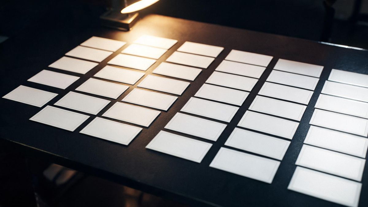 Rows of blank prints arranged on a dark table under an overhead lamp, seen straight down