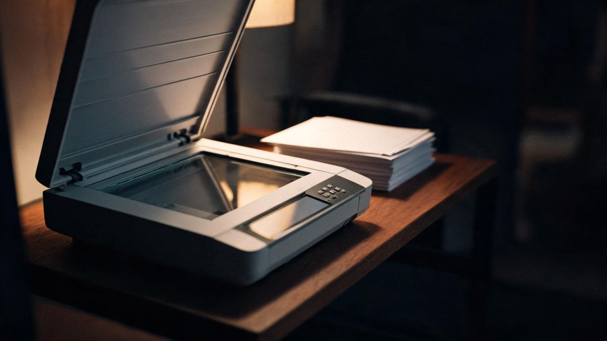 An open flatbed scanner in a dim room with a stack of prints beside it, warm light from one side