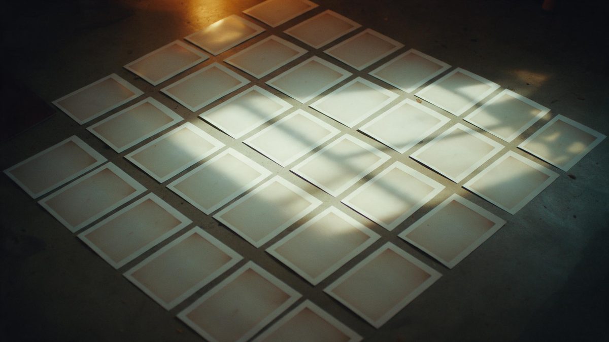 A grid of small identical prints laid on a concrete floor in even rows, seen from directly above, one row catching window light