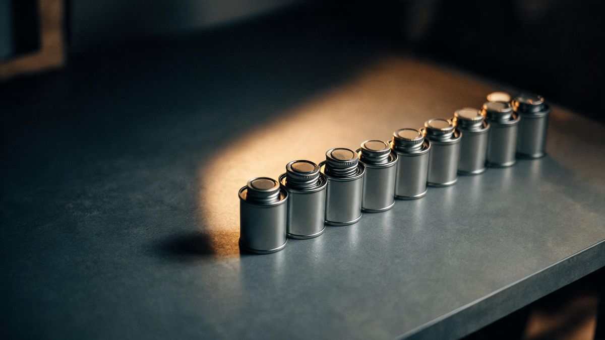 A tidy row of small metal film canisters on a grey table with warm light from one side