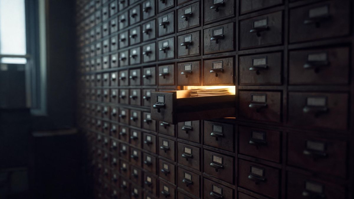 A wall of narrow archive drawers in a dim room with one drawer pulled open and lit from inside