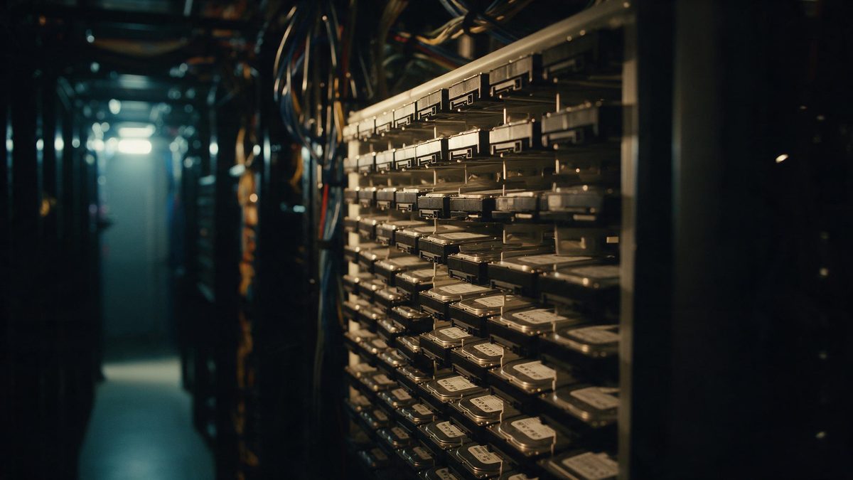 A rack of identical hard drives along a dim server aisle, cold light from the far end of the corridor, cable bundles fading into shadow