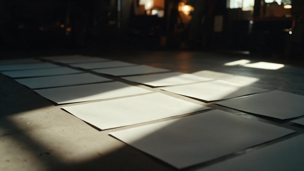 A long row of identical photographic prints laid evenly on a concrete floor and receding into shadow, one caught by a shaft of light