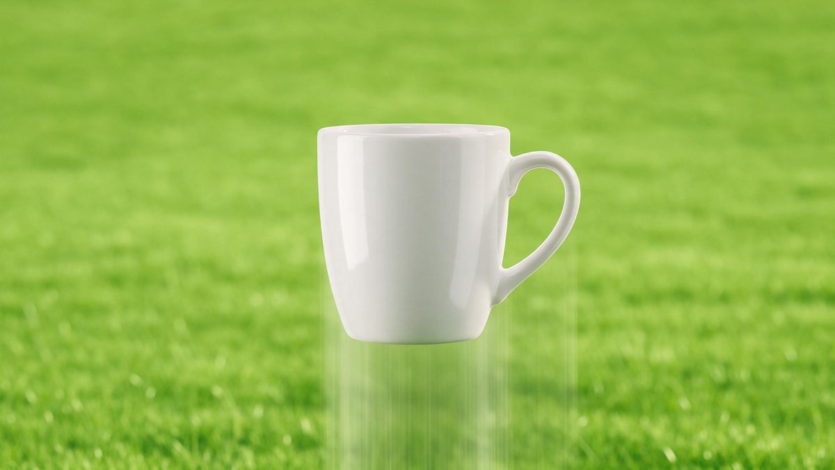 A white ceramic mug suspended mid-air above green grass with motion streaks around it
