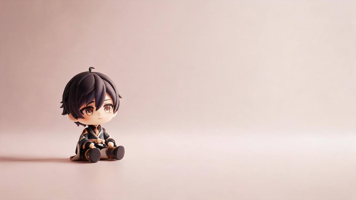 A small chibi-style figurine on a pastel background with a soft drop shadow, no person