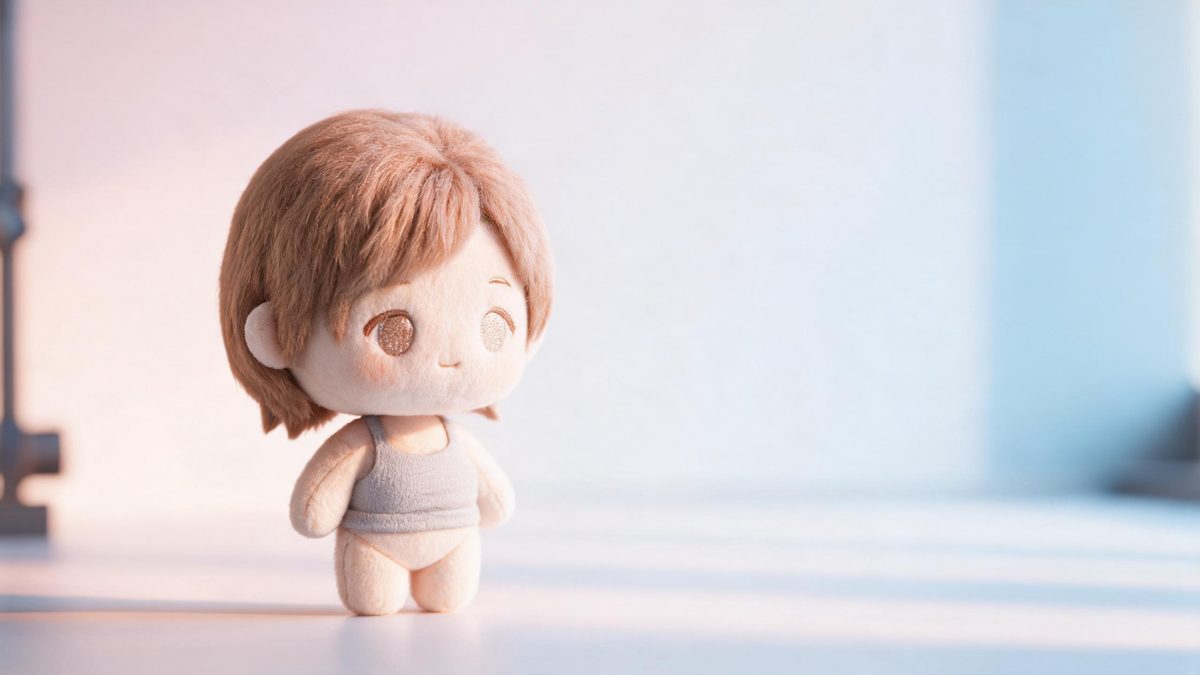 A woman with European features as a chibi figure with an oversized head and small body, pastel background, soft toy look