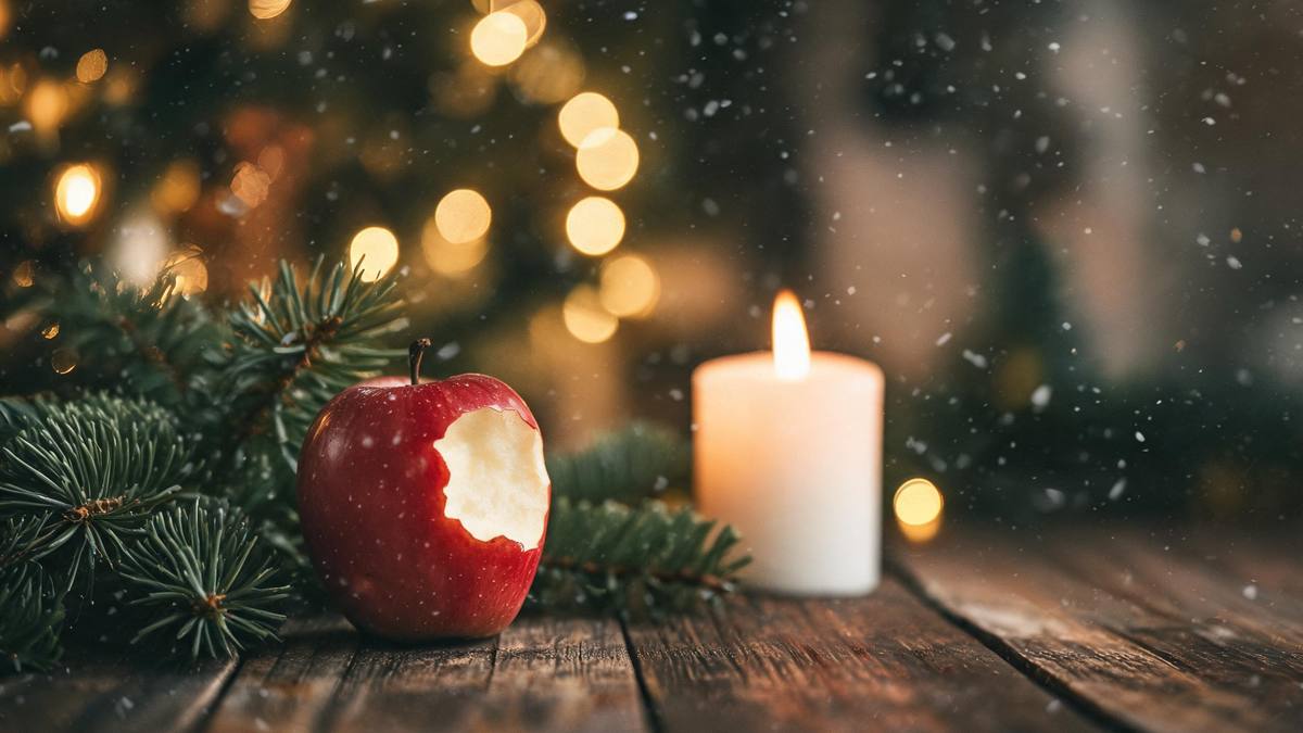 A bitten red apple on a wooden board beside fir branches and a lit candle