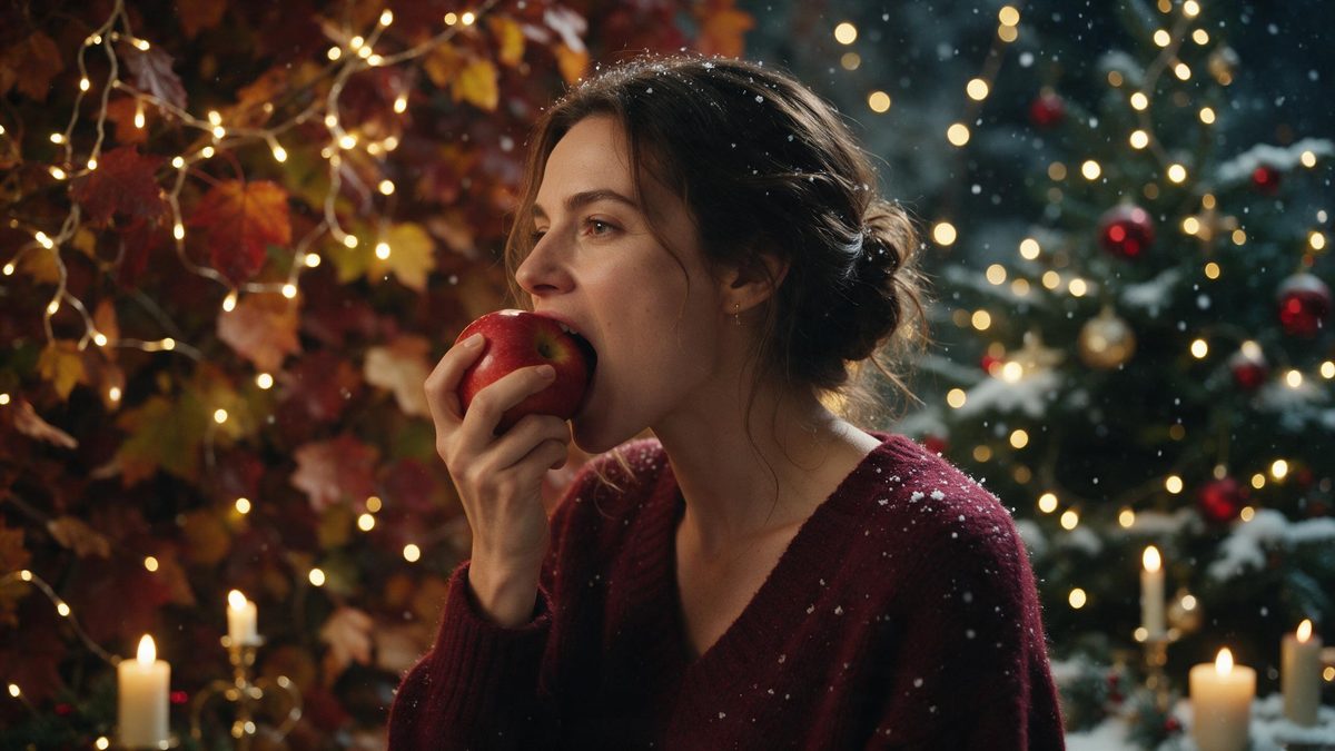 A woman biting into a red apple as the background shifts from autumn leaves to snowy Christmas lights