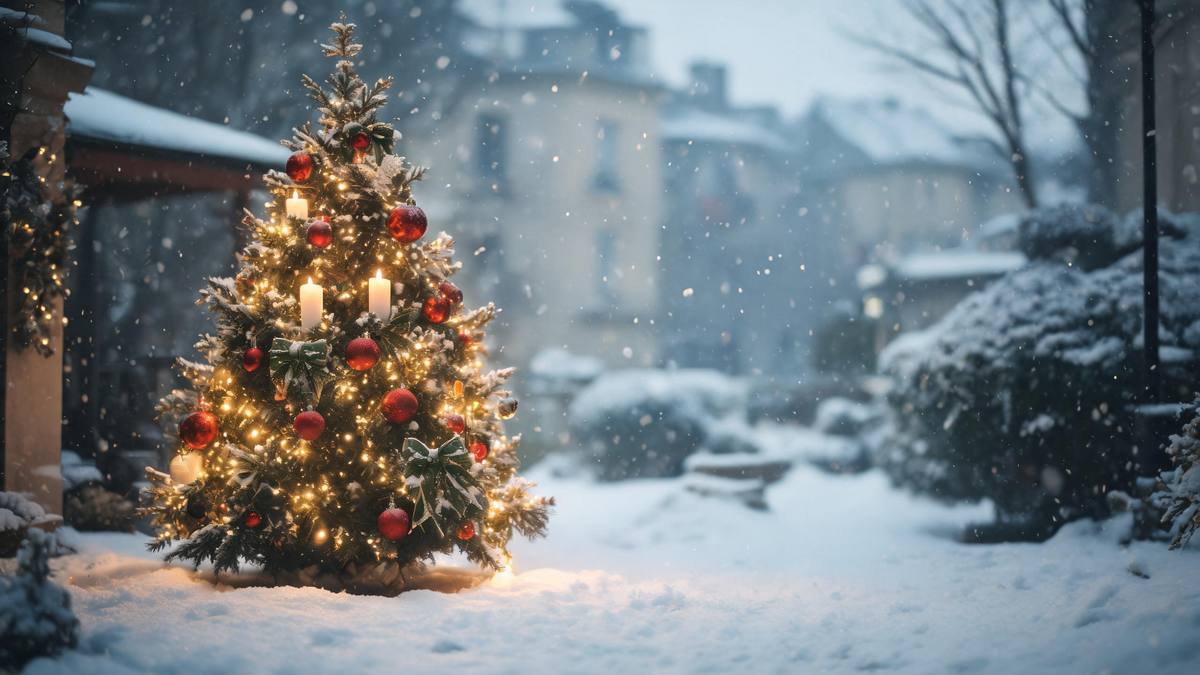 A decorated Christmas tree standing in a snowy courtyard with warm lights around it